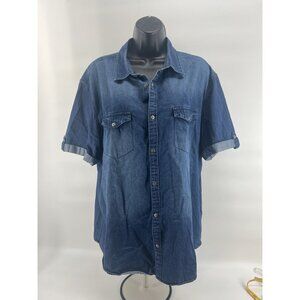 Calvin Klein Womans Denim Snap Front Camp Shirt XL Short Sleeve w/Roll Snap Tab